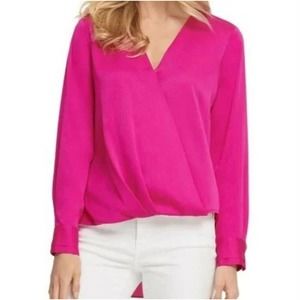 DKNY Pink Satin Draped Wrap Style Long Sleeve Hi Lo Top Barbie Blouse M  NWT